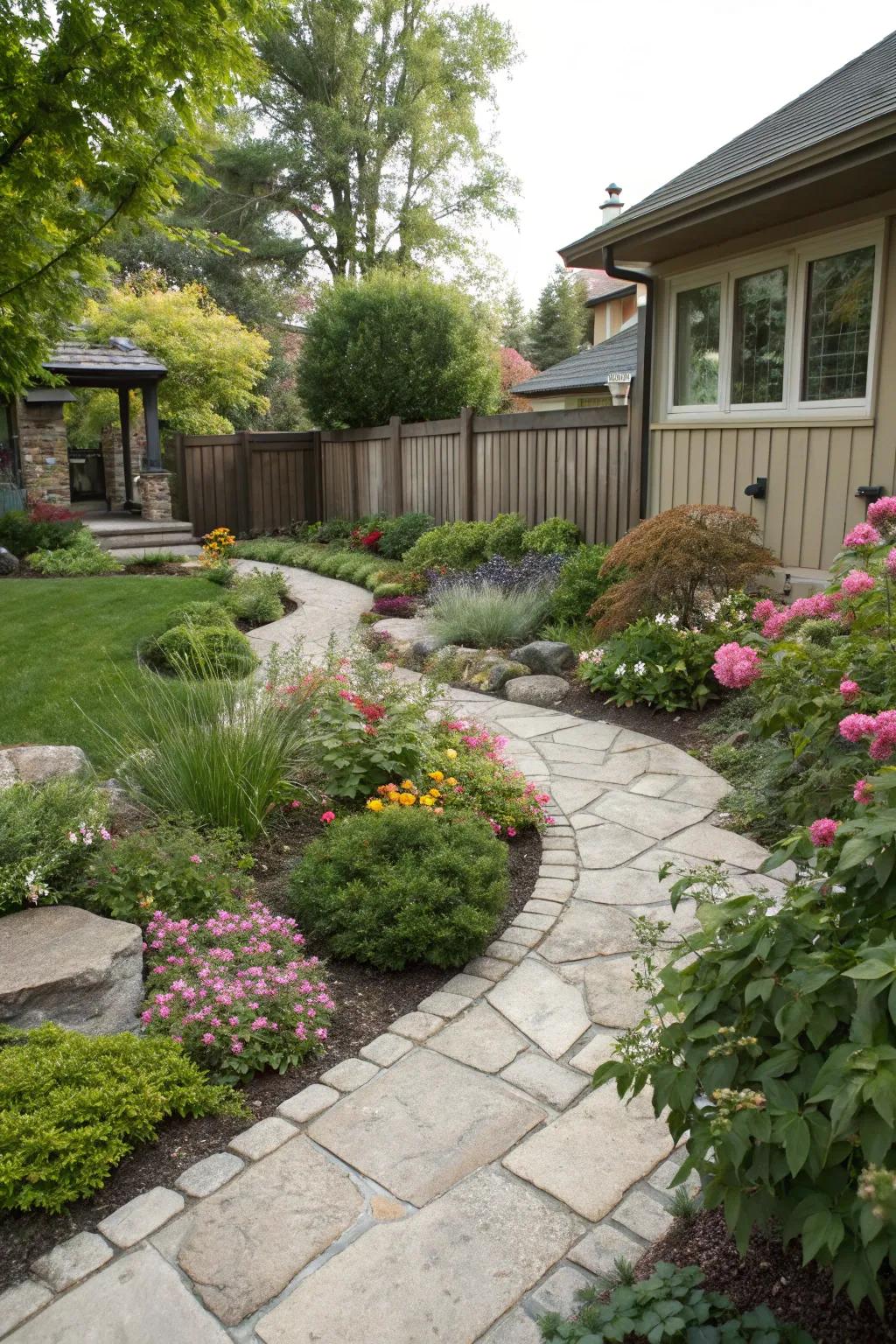 A blend of softscapes and hardscapes creating texture and interest.