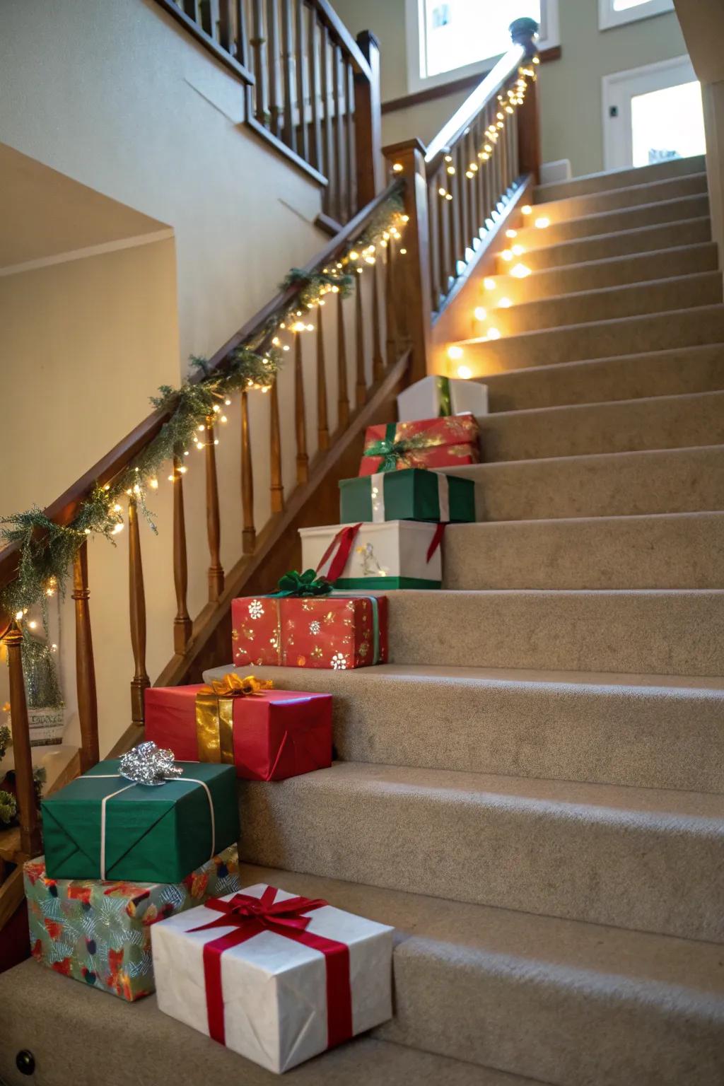 Packaged surprise parcels introduce a playful element to the staircase.