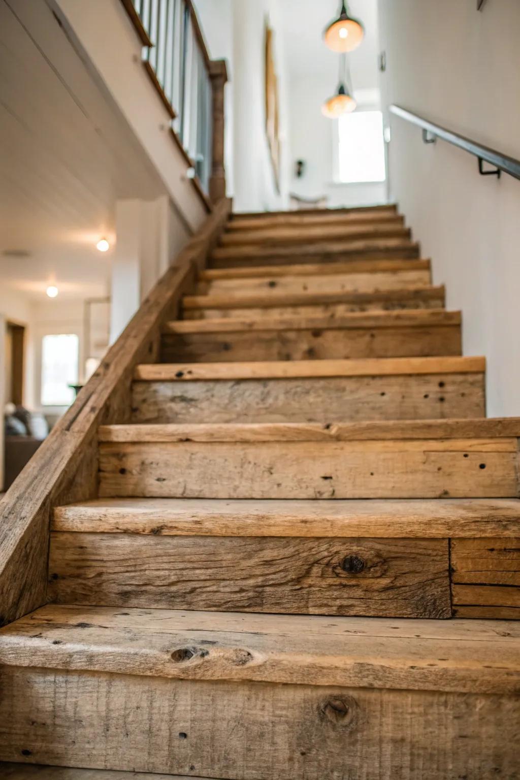Countryside reclaimed wood steps add countryside appeal and uniqueness.