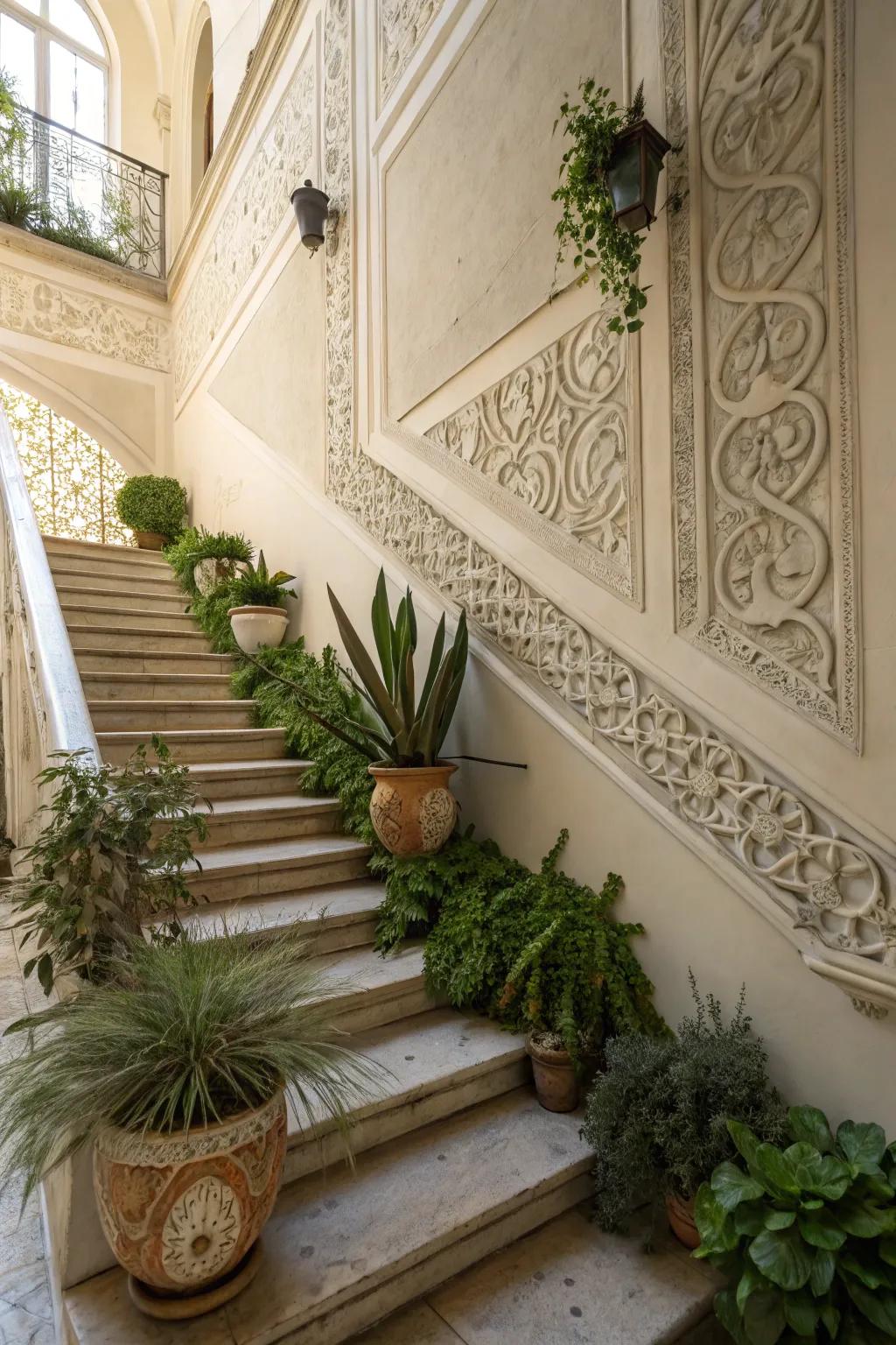 Plants add a natural touch to your staircase decor.