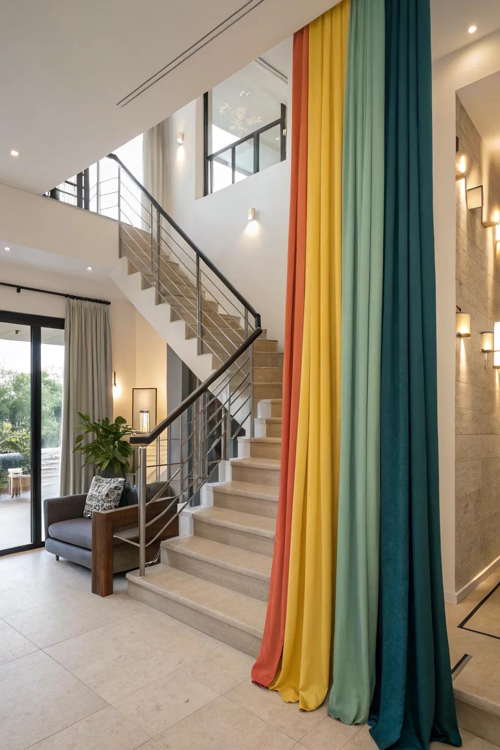 Using block color with coverings establishes a bold and impressive visual in your stairwell.