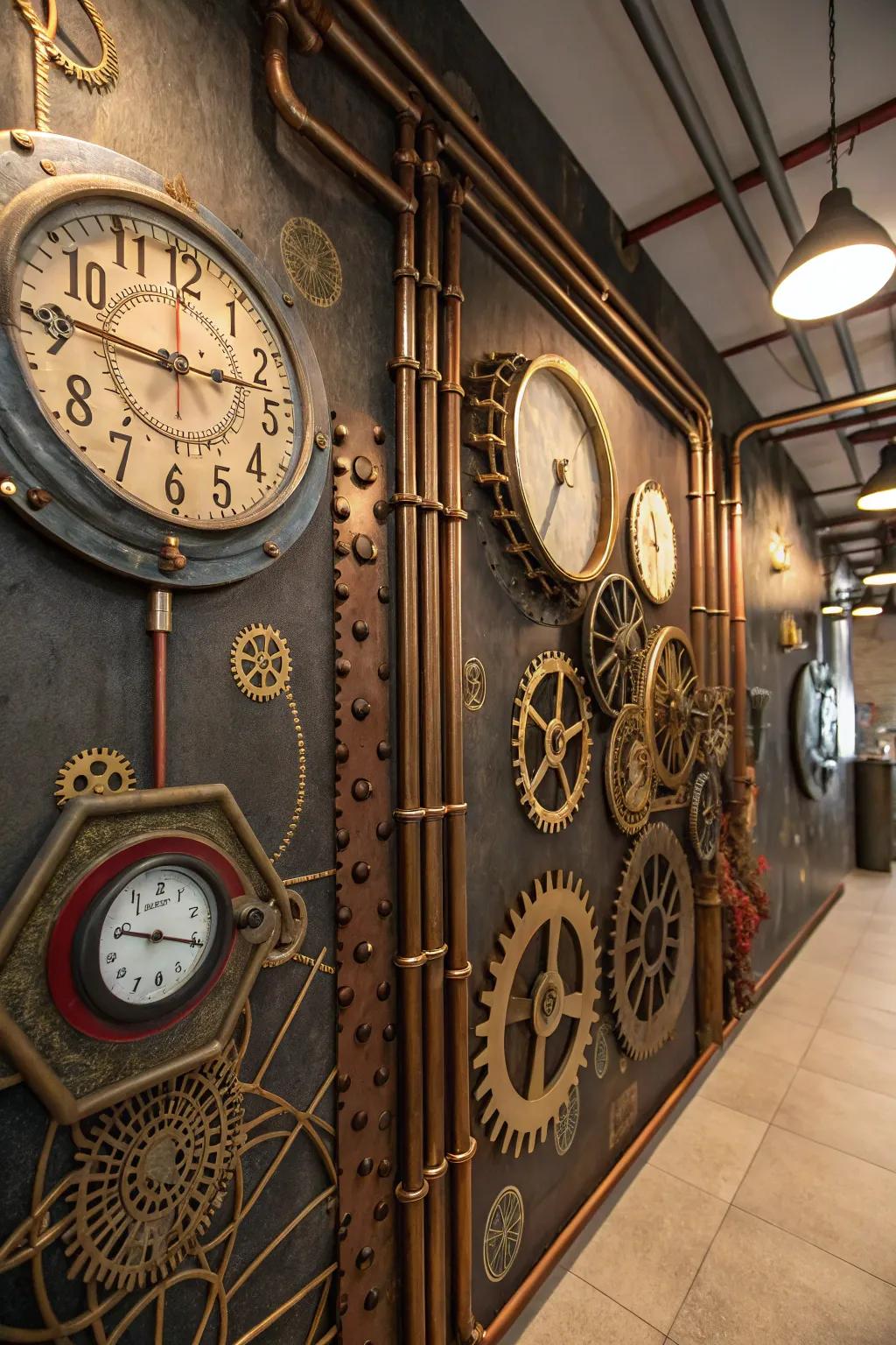 Intricate wall designs add depth and interest to this steampunk-inspired space.