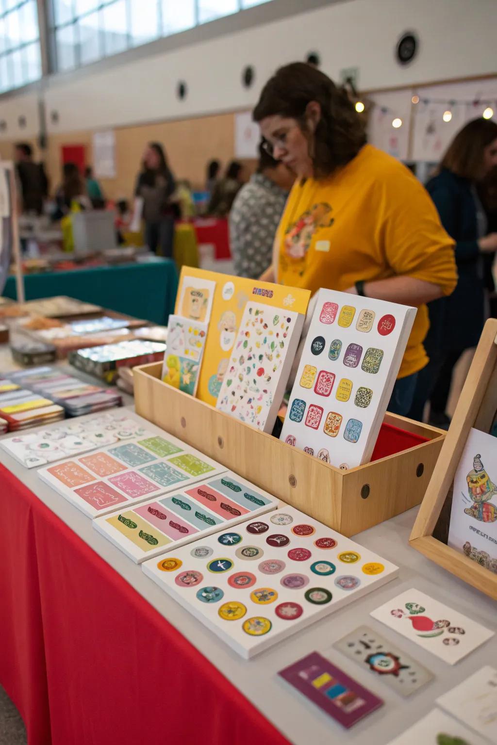 Sort stickers on a tabletop display board.