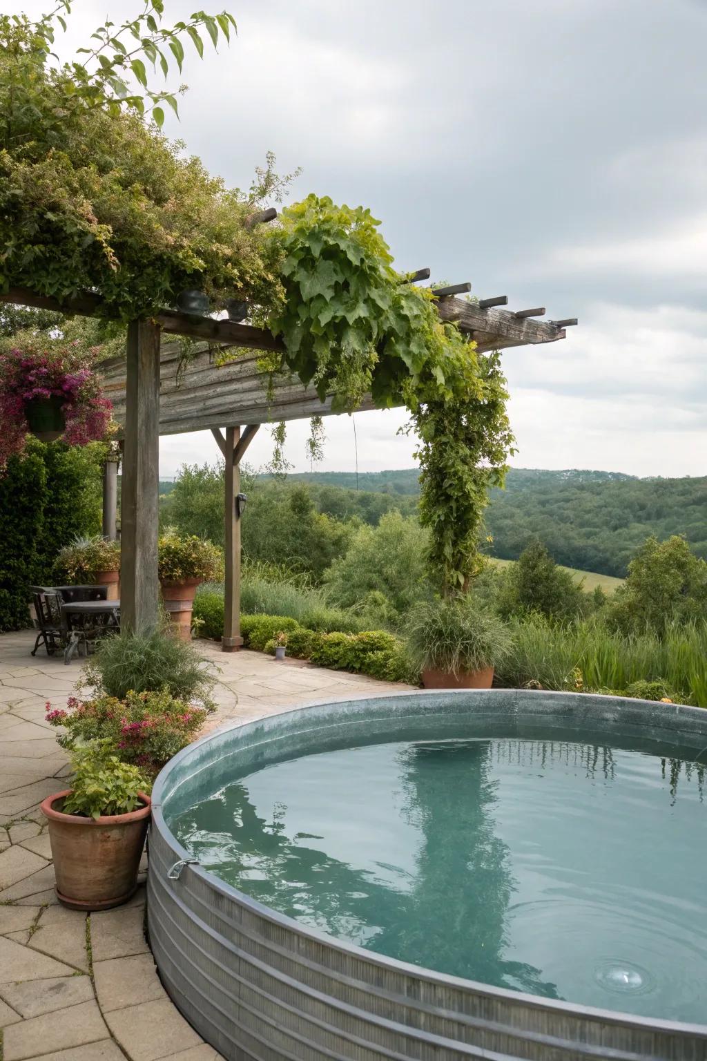 An arbor integrated with hanging greenery fashions a peaceful relaxation area.
