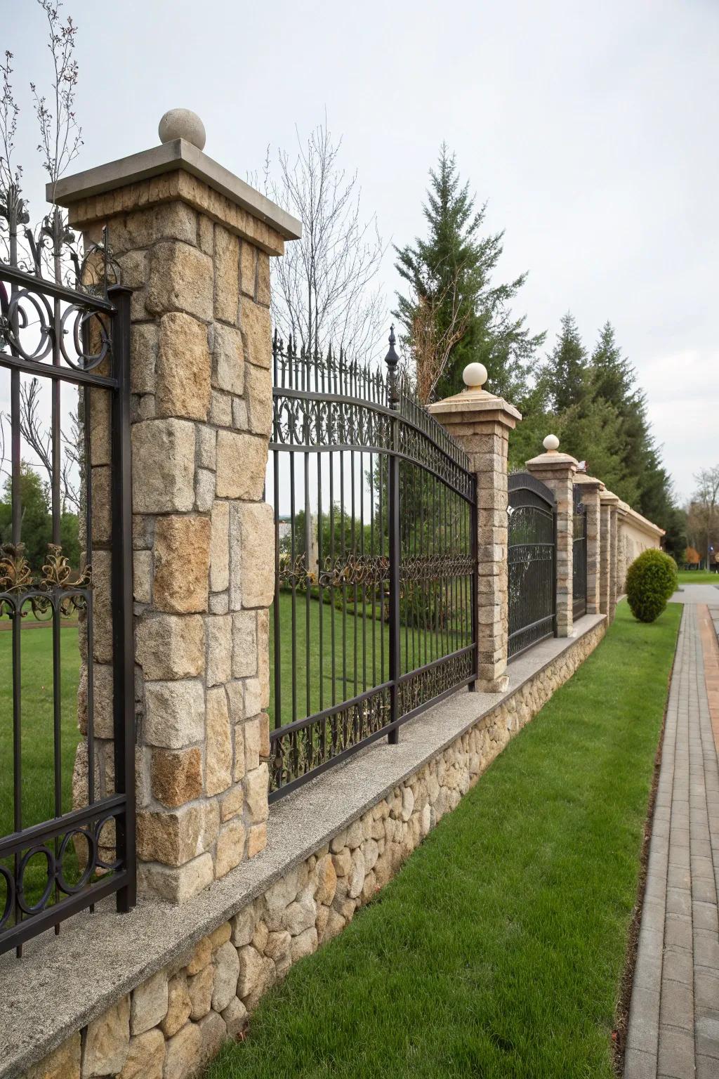 A robust and durable stone and iron fence built to last.