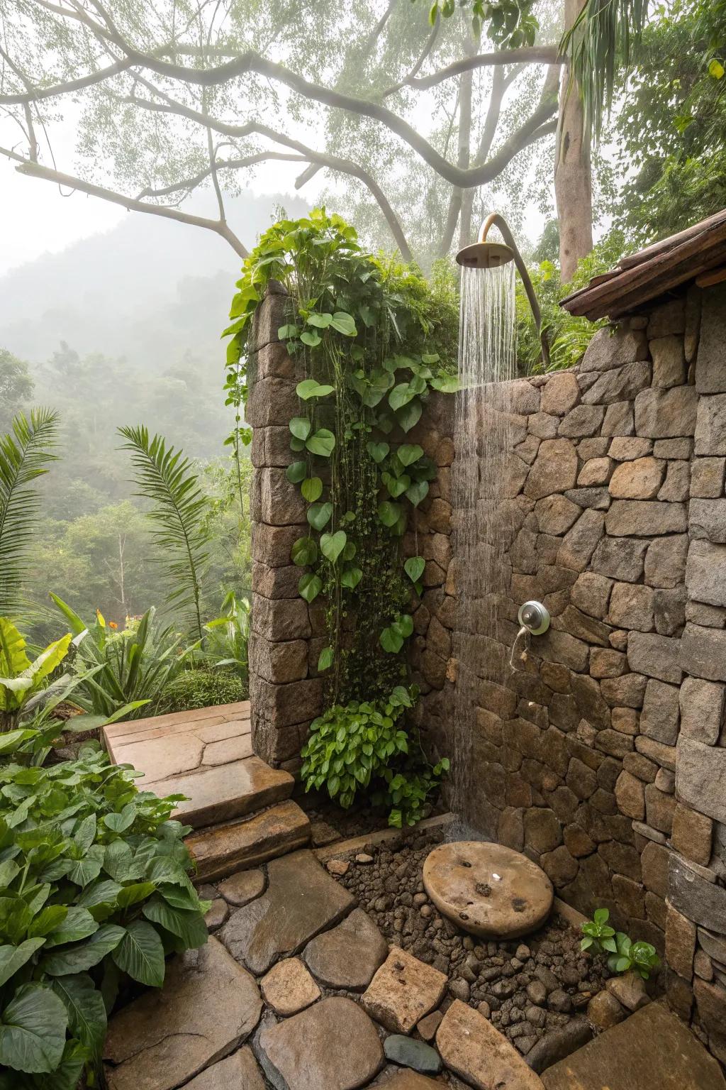 Amplify the organic feel of stone with lush greenery.