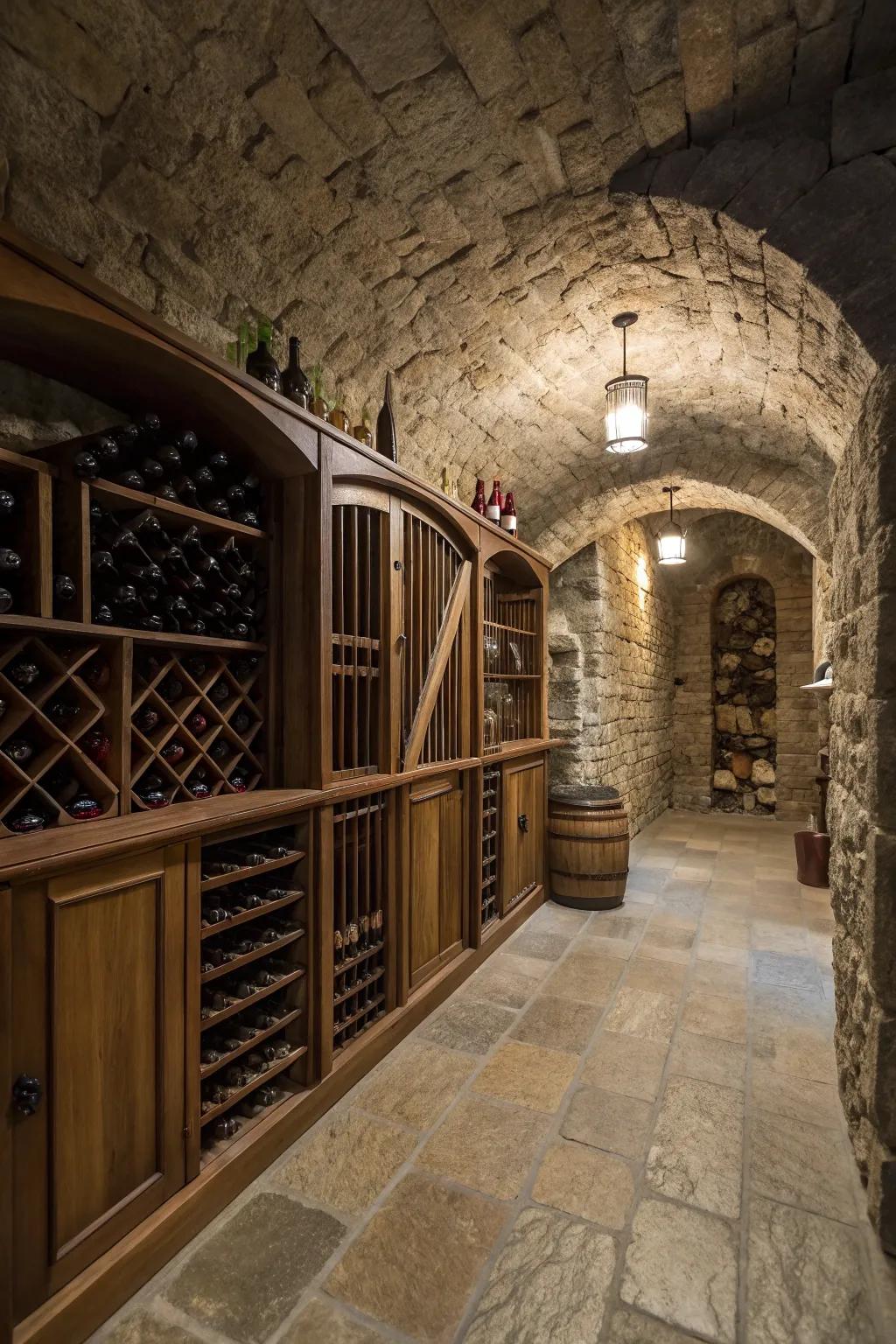 A grape storage cellar exuding classic charm with stone walls.