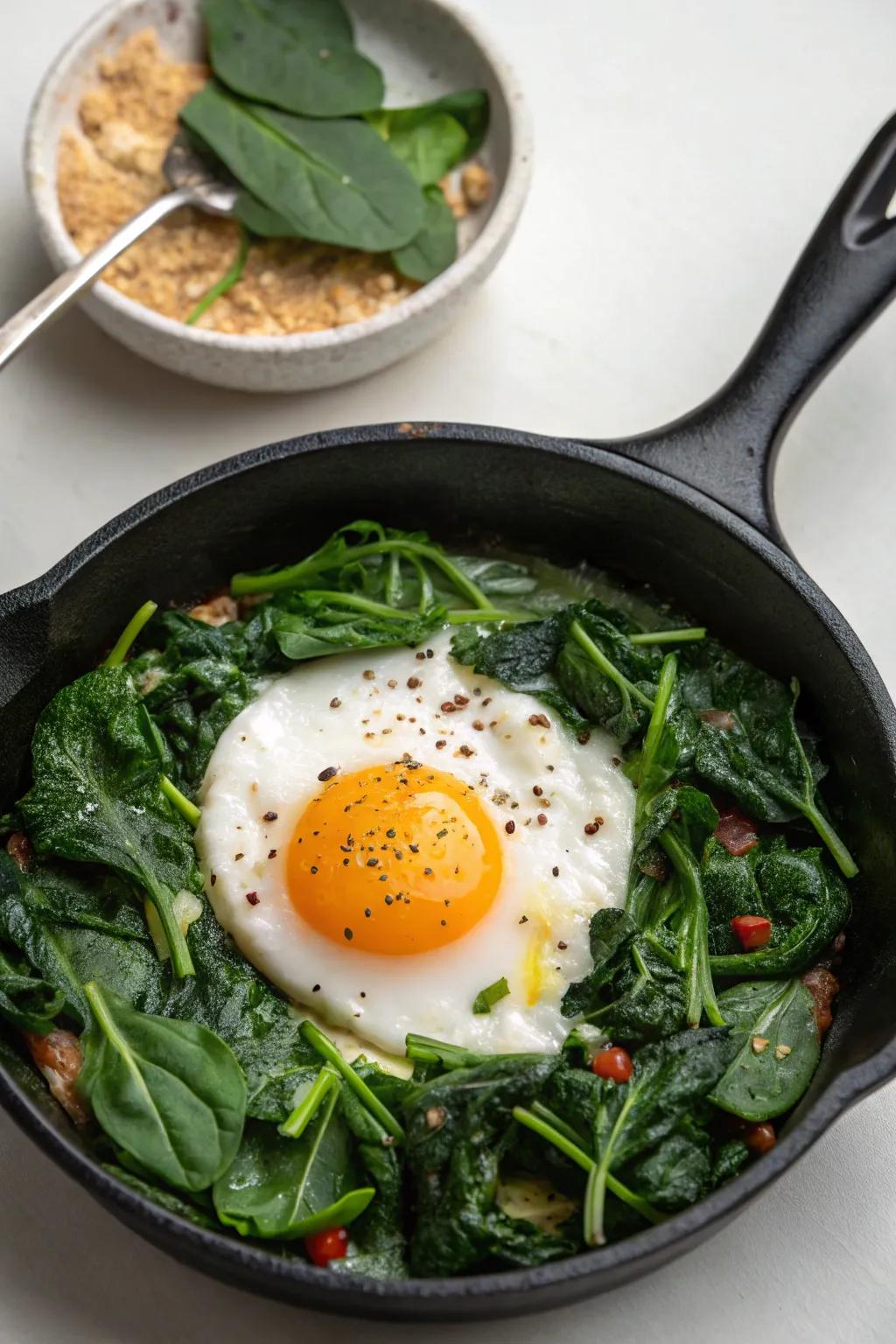 Yolk and greens morning skillet, a hearty start.
