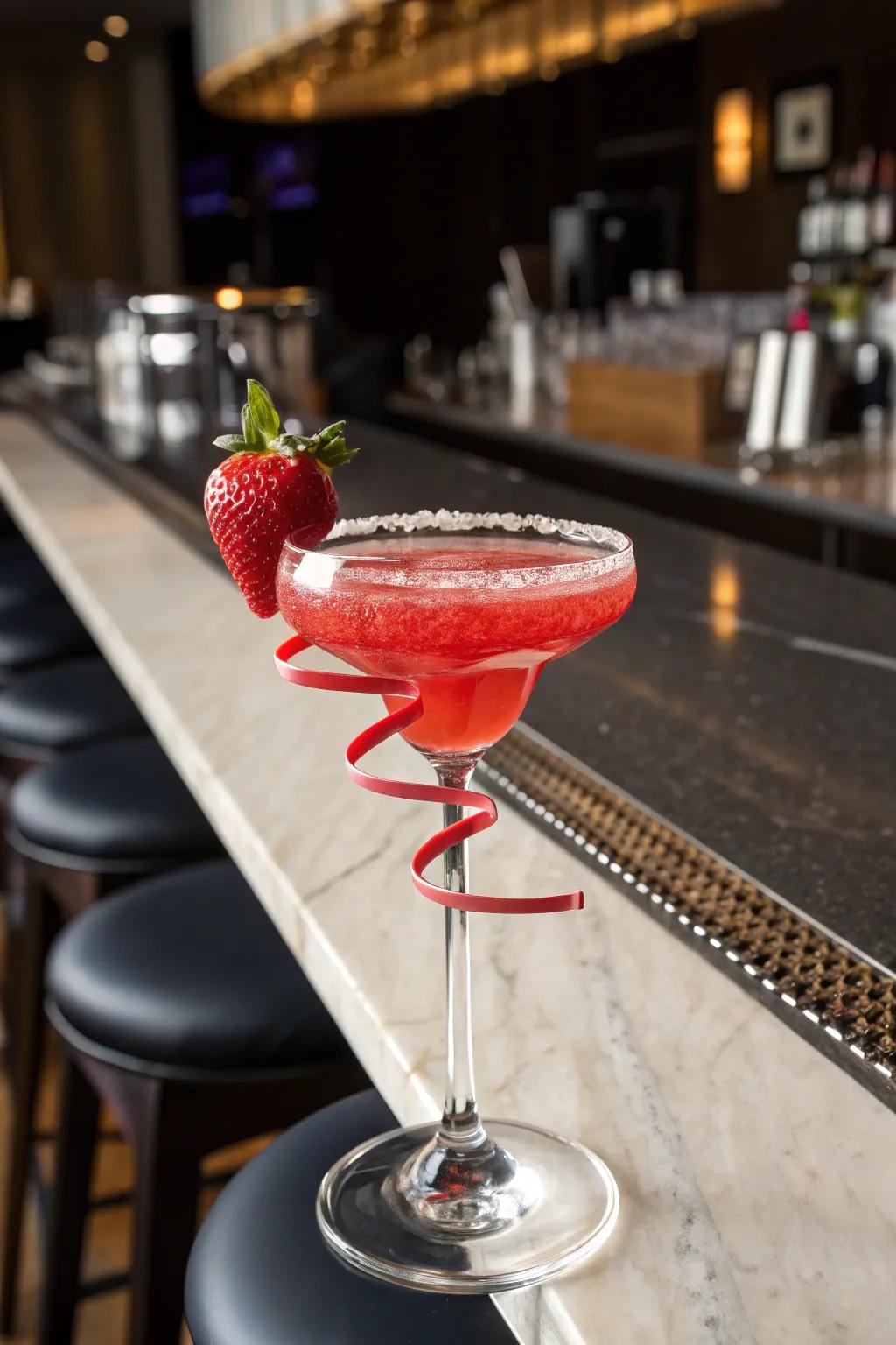 A chic cocktail showcasing a refined strawberry swirl garnish.