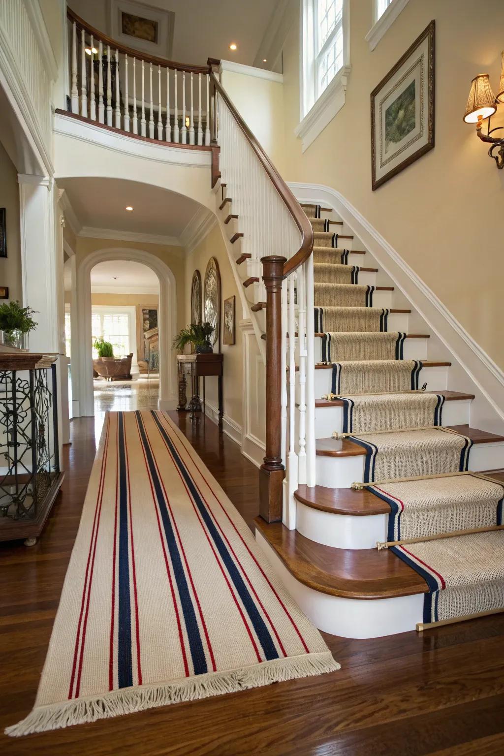 A polished look with a striped runner showcasing a contrasting frame.