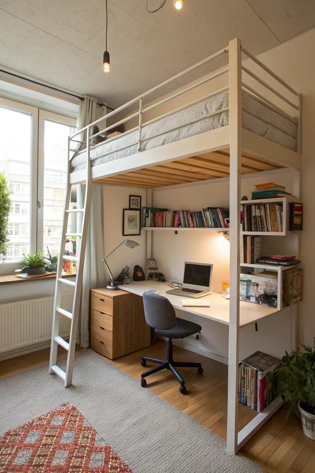 An elevated bed makes the most of vertical area in a studio.