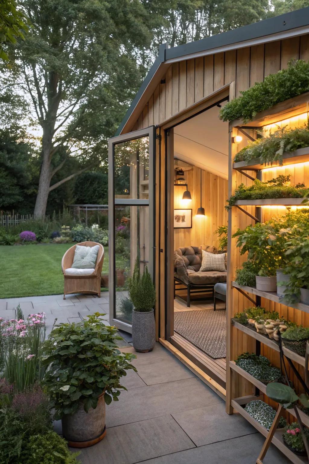 A harmonious garden retreat within a studio shed.