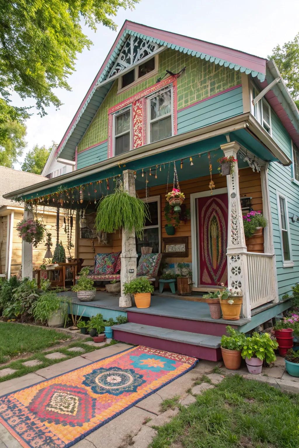 A vibrant bohemian summer house, overflowing with color and creativity.