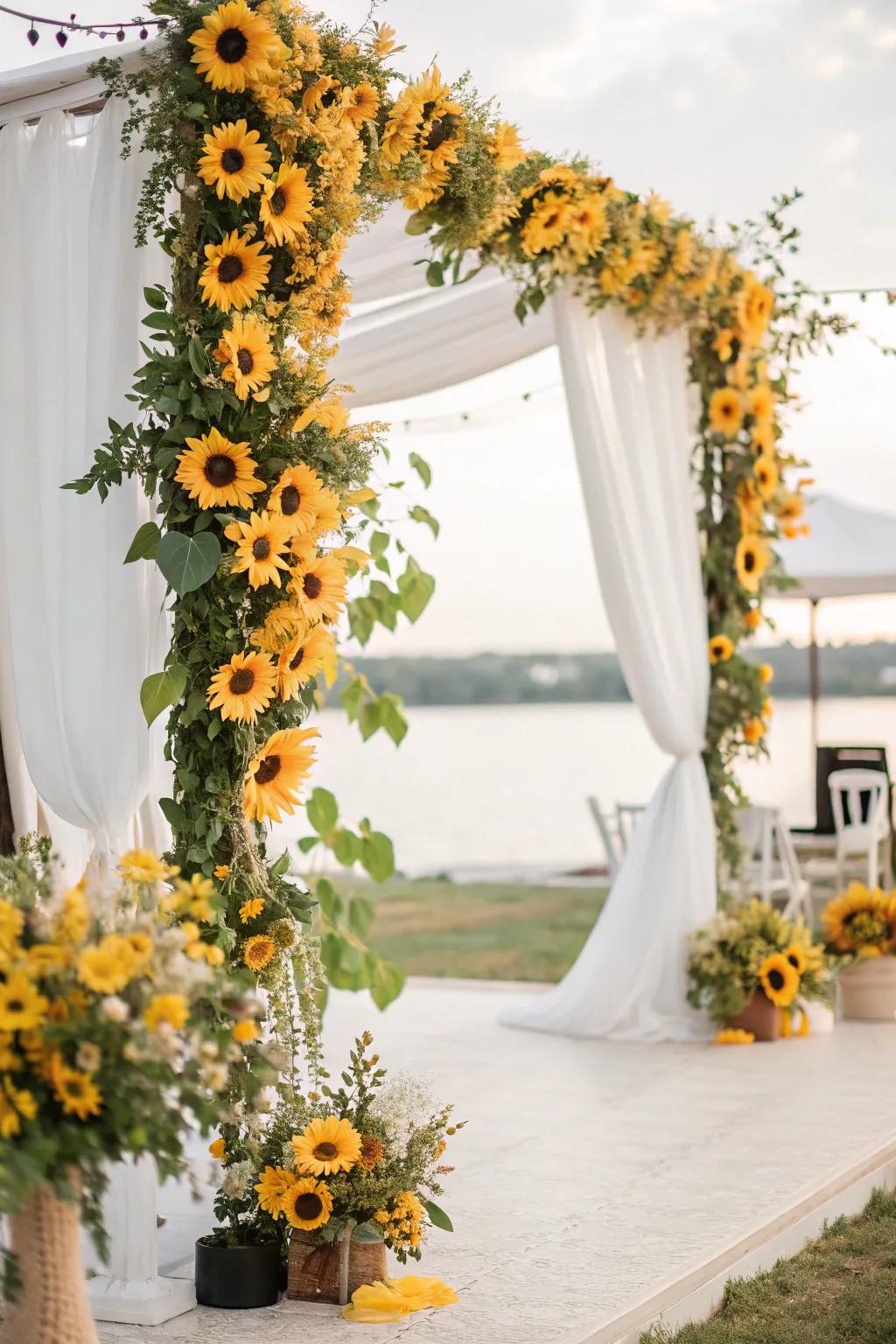 A spirited photo backdrop ornamented with sunshine blooms.