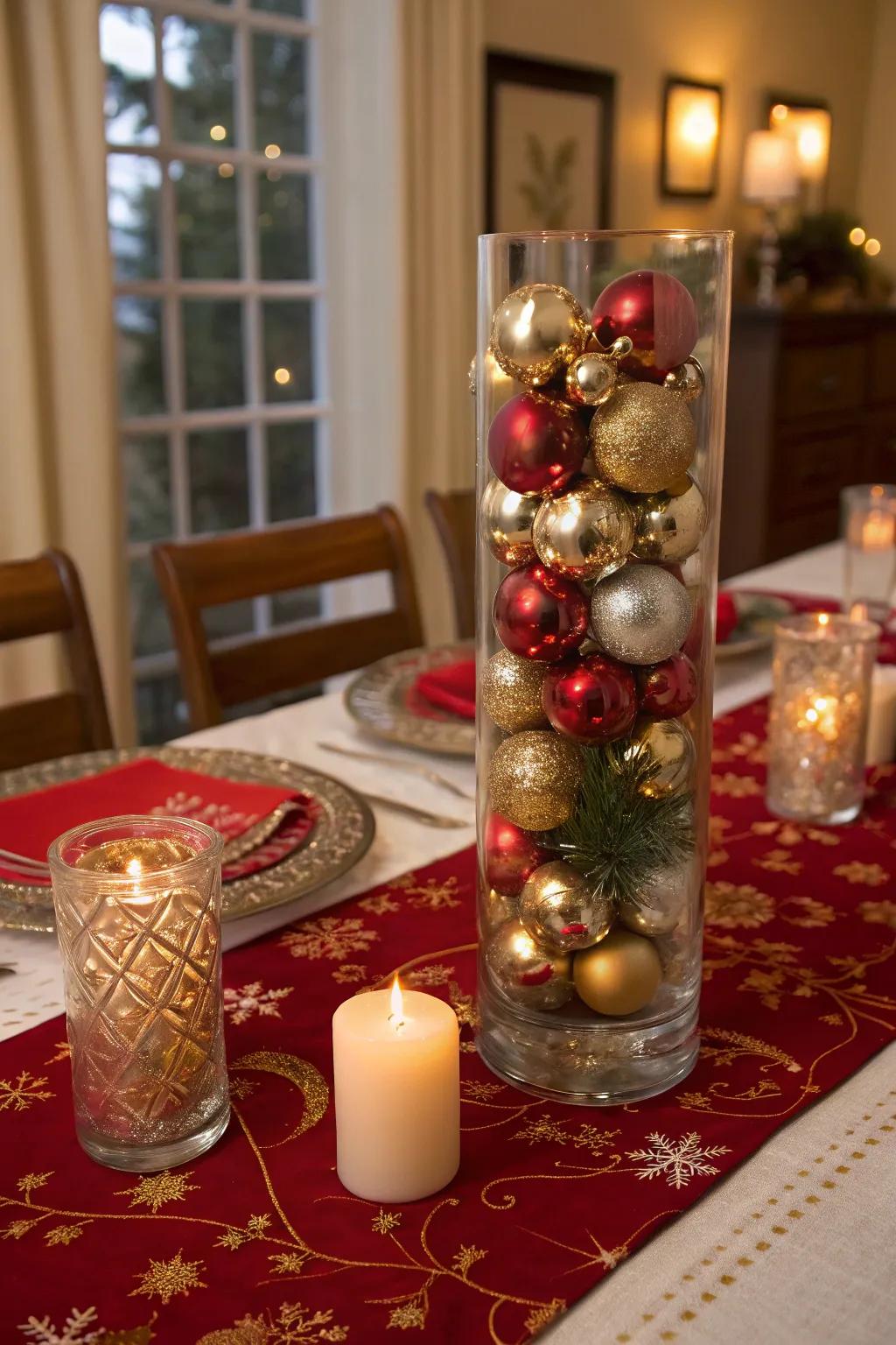 A tall glass vase displaying metallic adornments, fostering a jovial ambiance upon a holiday dining arrangement.