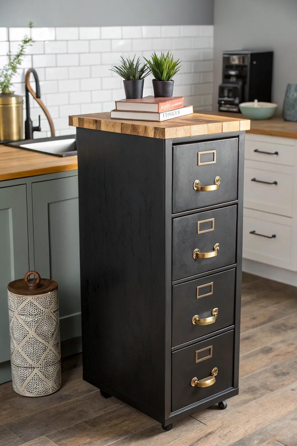 Transform your space with a chic filing cabinet makeover: from office to kitchen centerpiece.