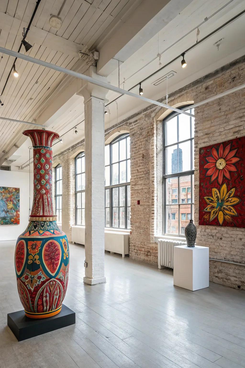 A three-dimensional artwork captivates with its interactive design in this trendy urban loft.