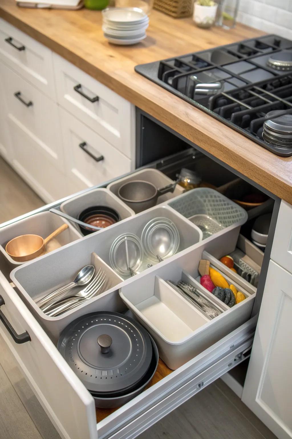 Efficient kitchen storage is made possible by well-organized drawers.