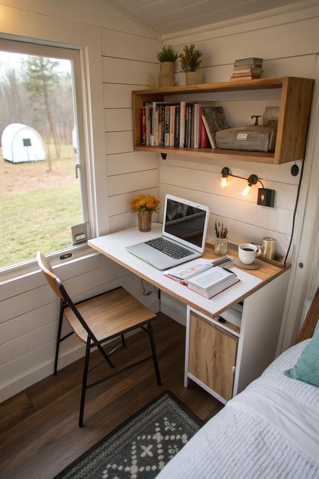 A fold-down desk making the tiny home bedroom more useful.