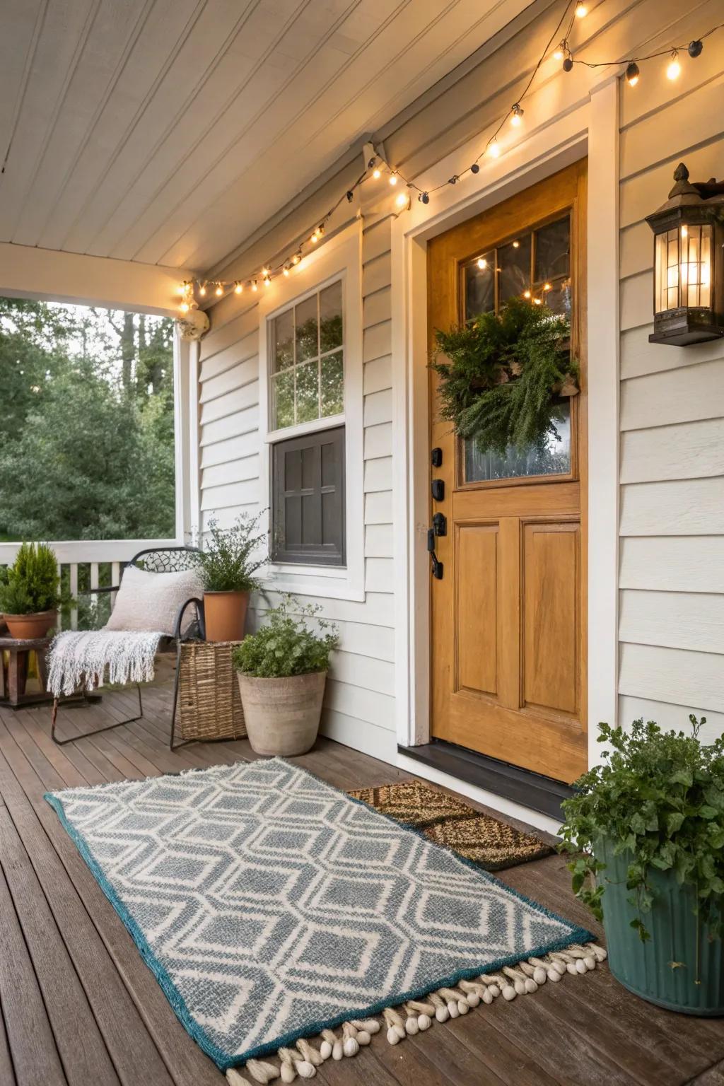 A cozy touch with a stylish outdoor rug.