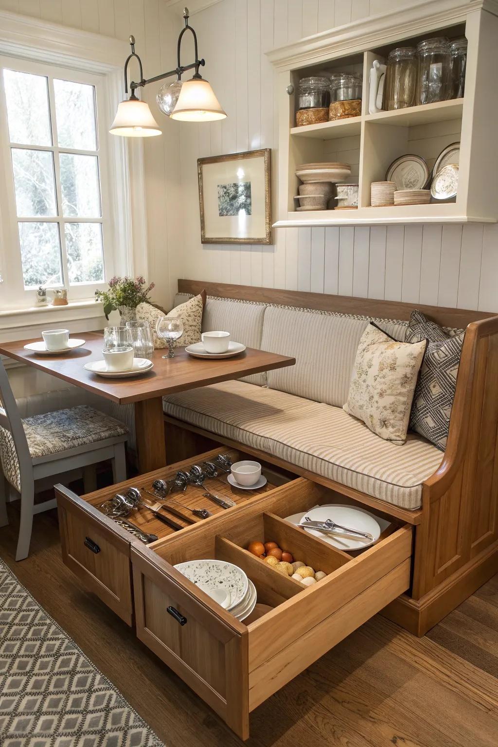 Bench seating with hidden storage in a tiny house