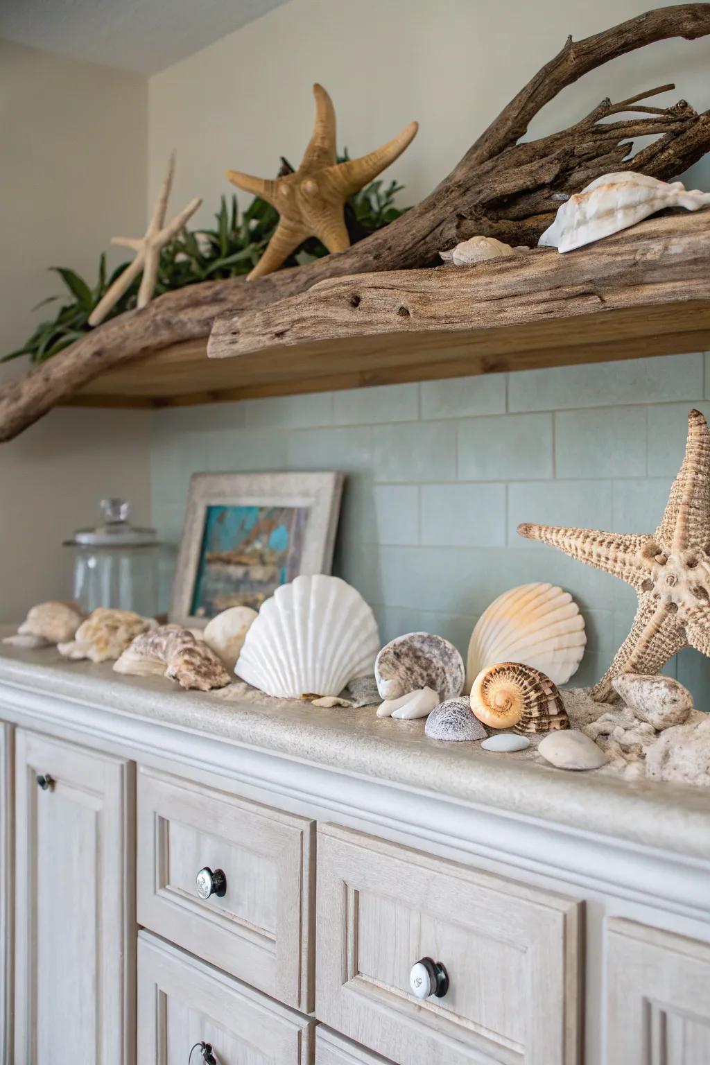 Bring the beach home with coastal accents above your cabinets.