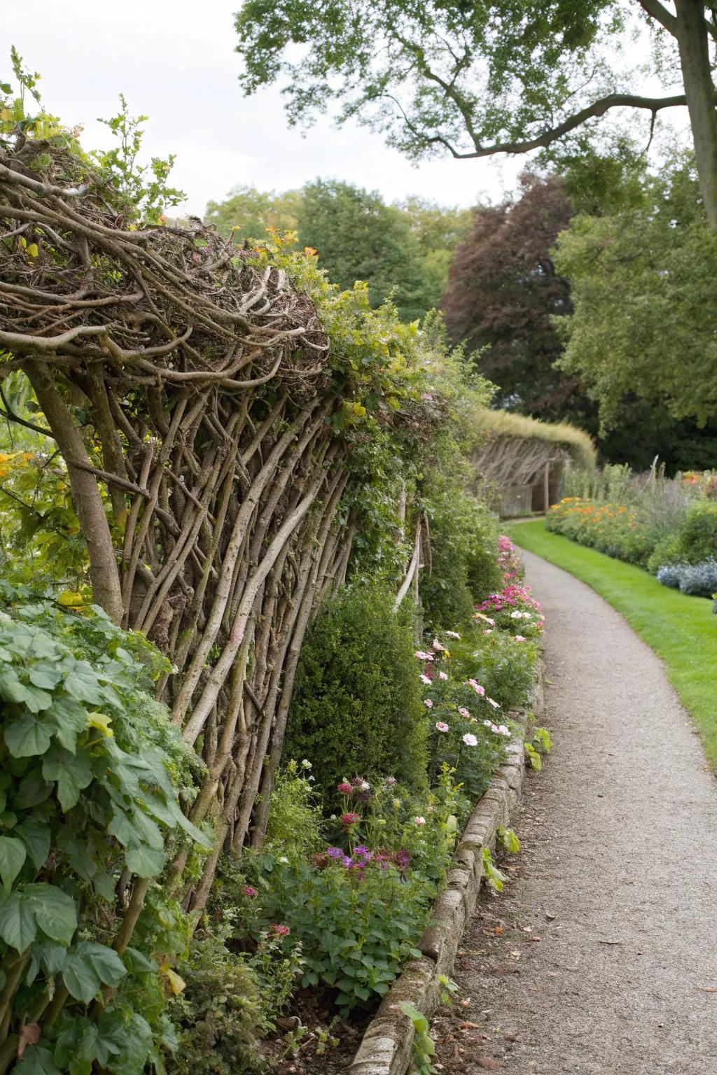 A dead hedge blends seamlessly into the landscape.