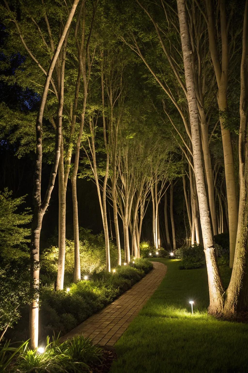Beams elegantly accentuate slender tree trunks.