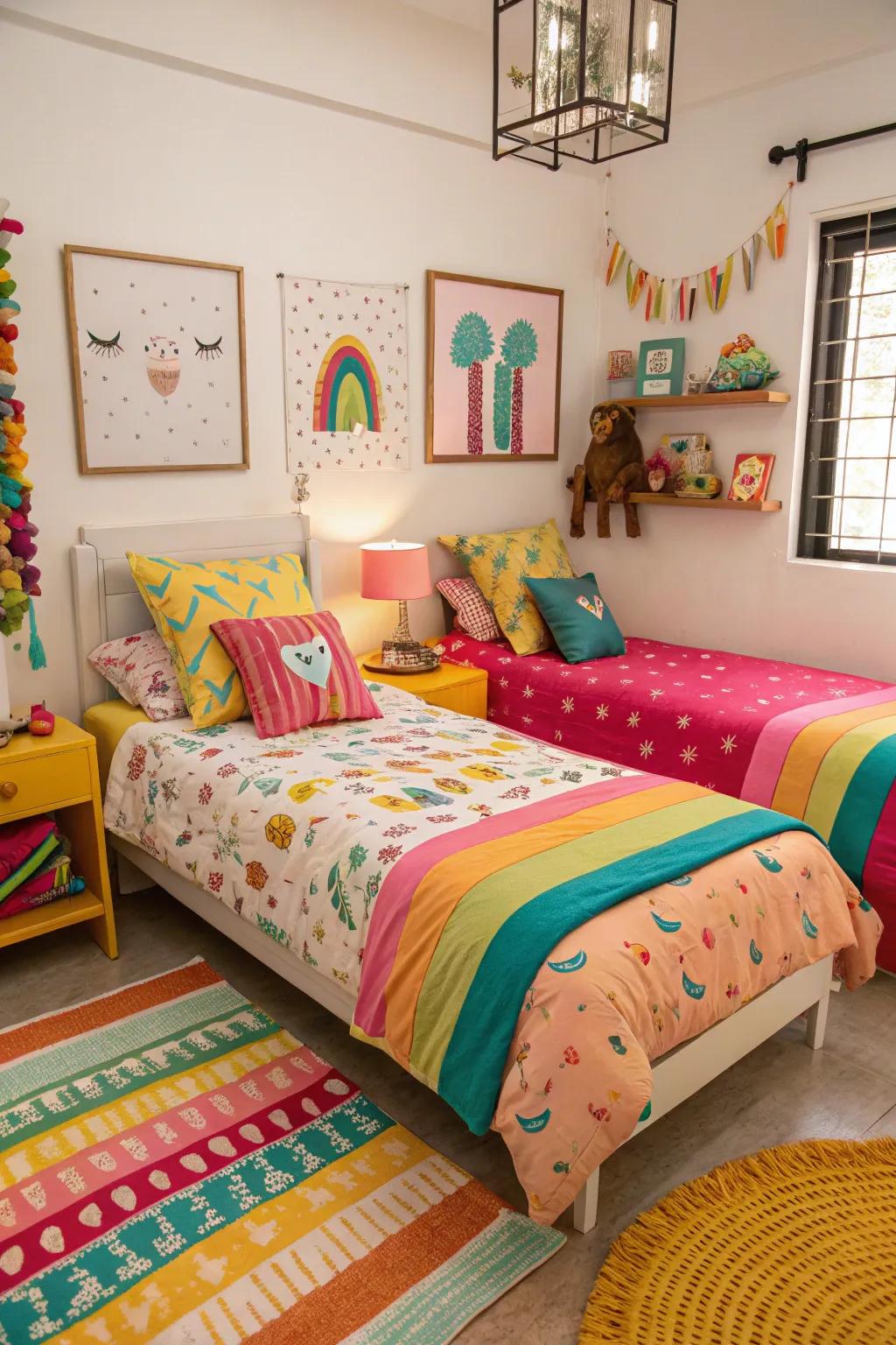 A splash of color injects energy and vibrancy into twin bed arrangements.