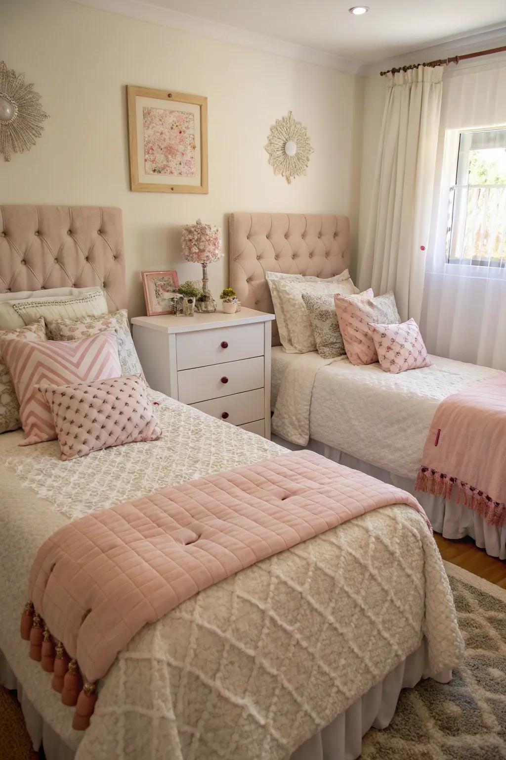 The shared bedroom is made cozier by pillows and cushions.