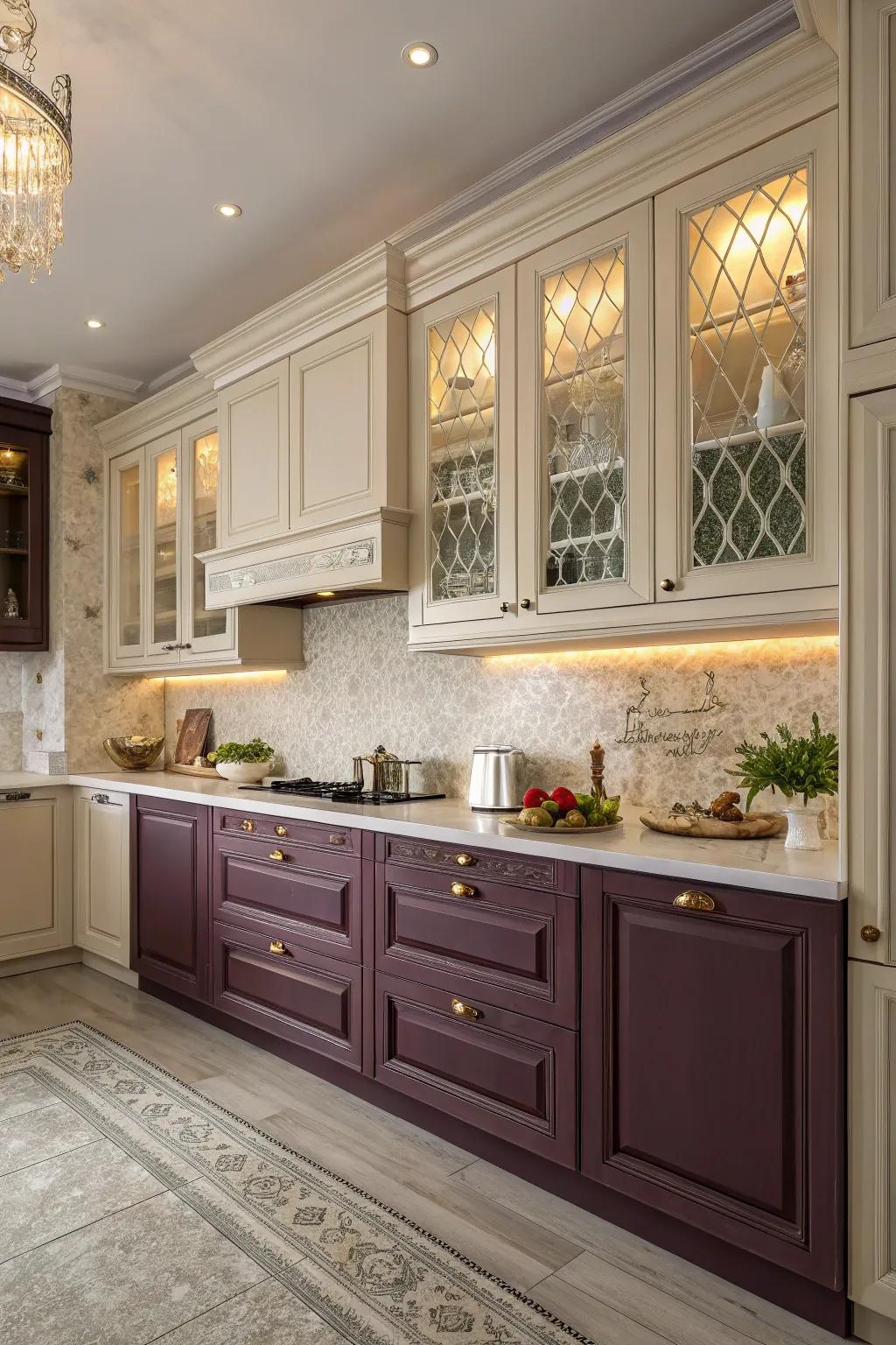 Refined aubergine and cream cabinets for an elegant kitchen.