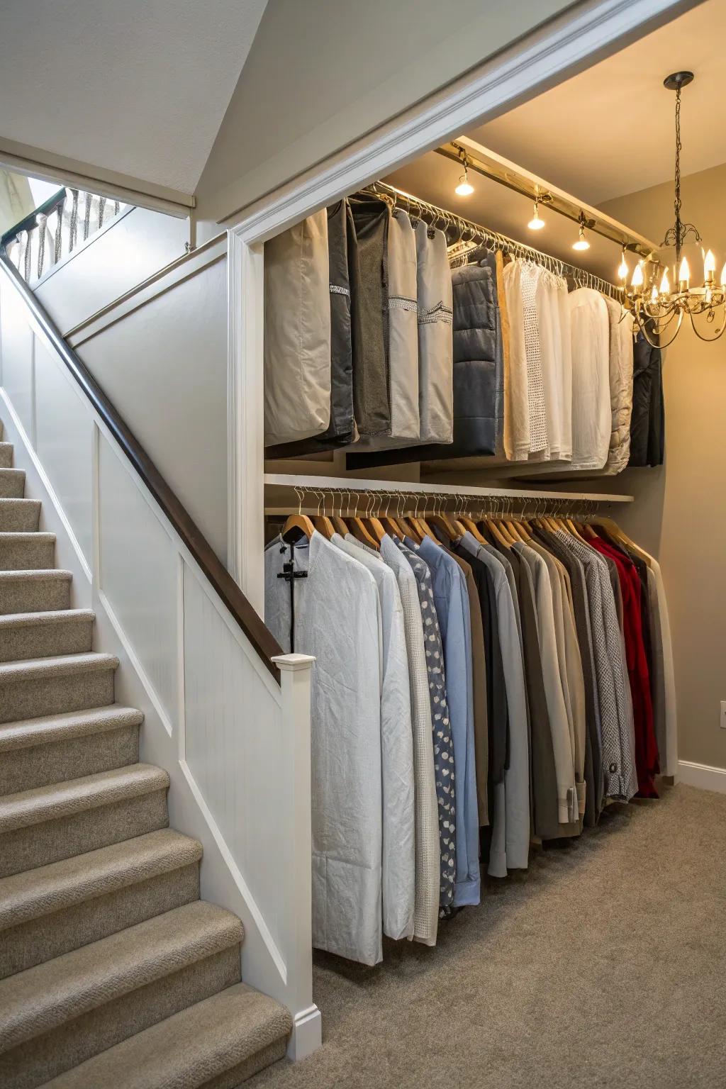 A seasonal wardrobe design beneath the staircase to facilitate effortless entry.