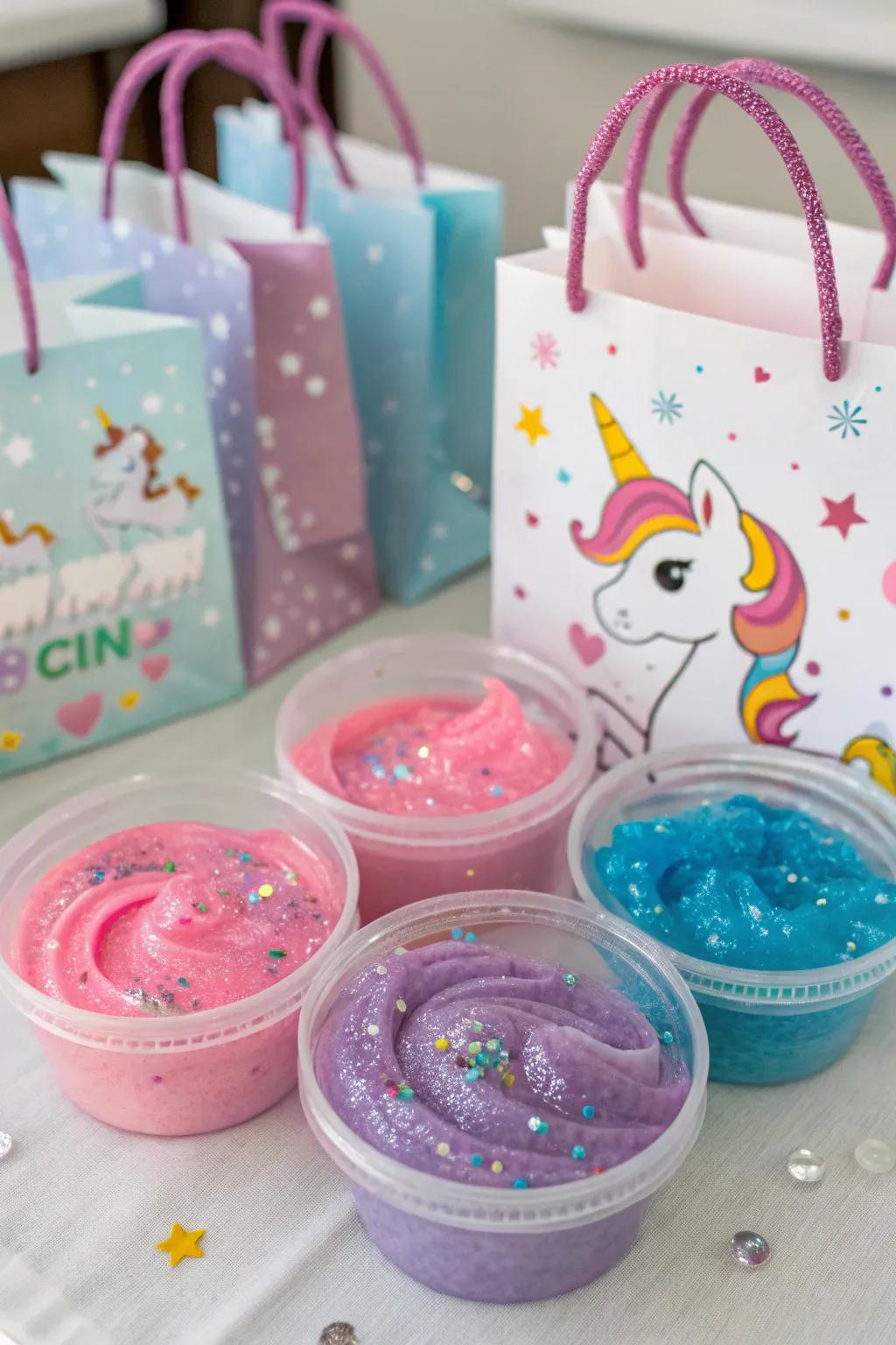 Goo-filled unicorn treat sacks for lively fun.