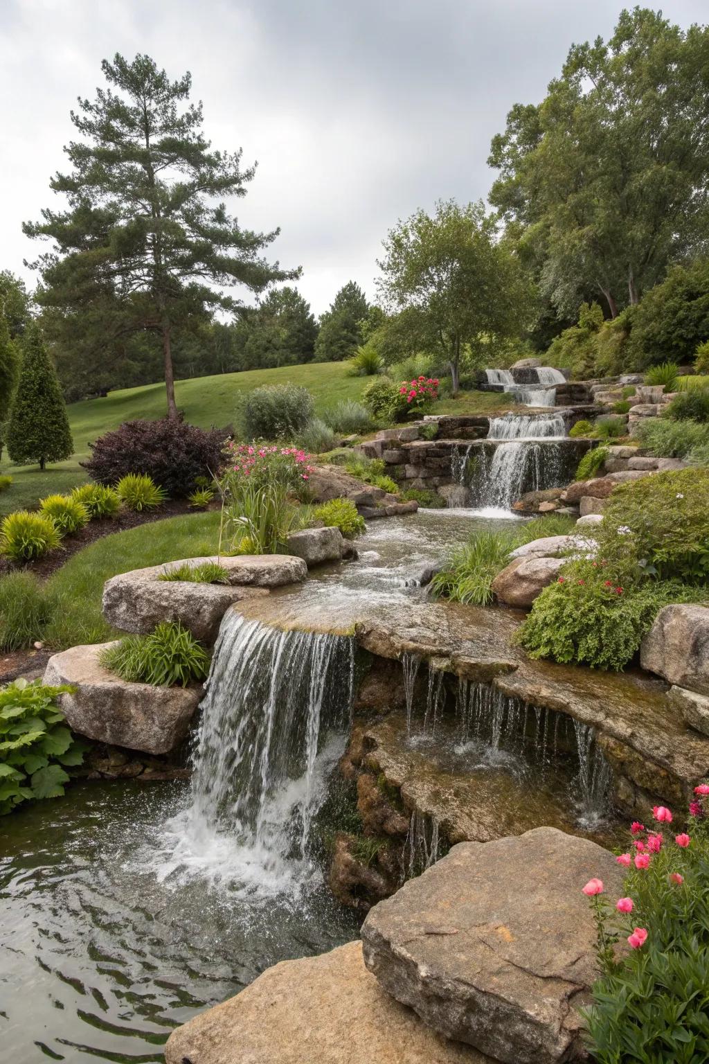 Tiered cascades add depth and playfulness to outdoor areas.