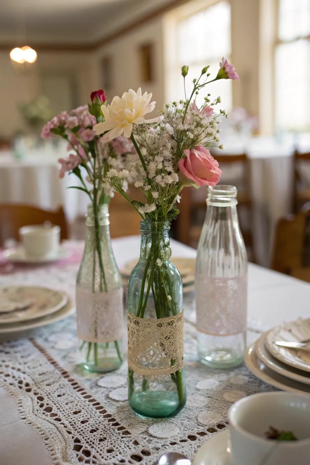 Eclectic charm highlighted by antique glass bottle vases.