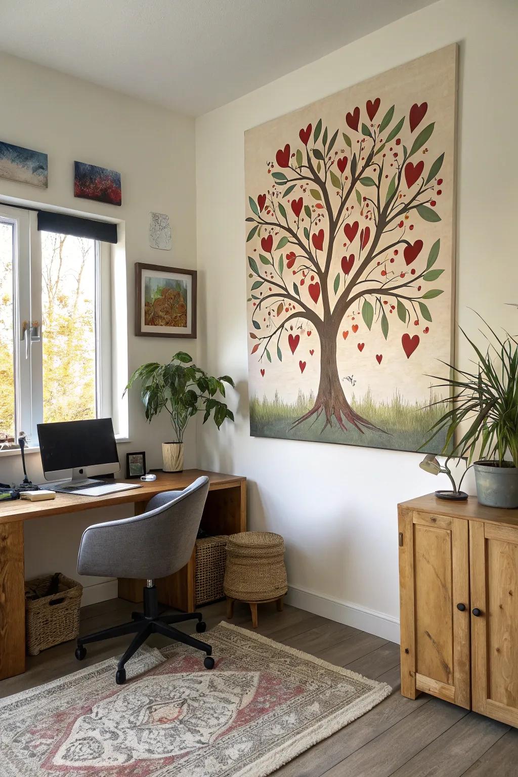 Heart-shaped leaves on a tree symbolize growth and affection.