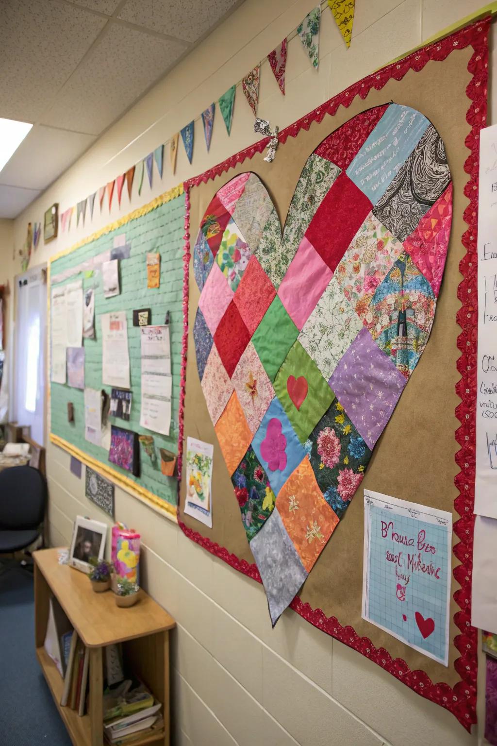 A Patchwork Heart display crafted from vibrant fabric or material.