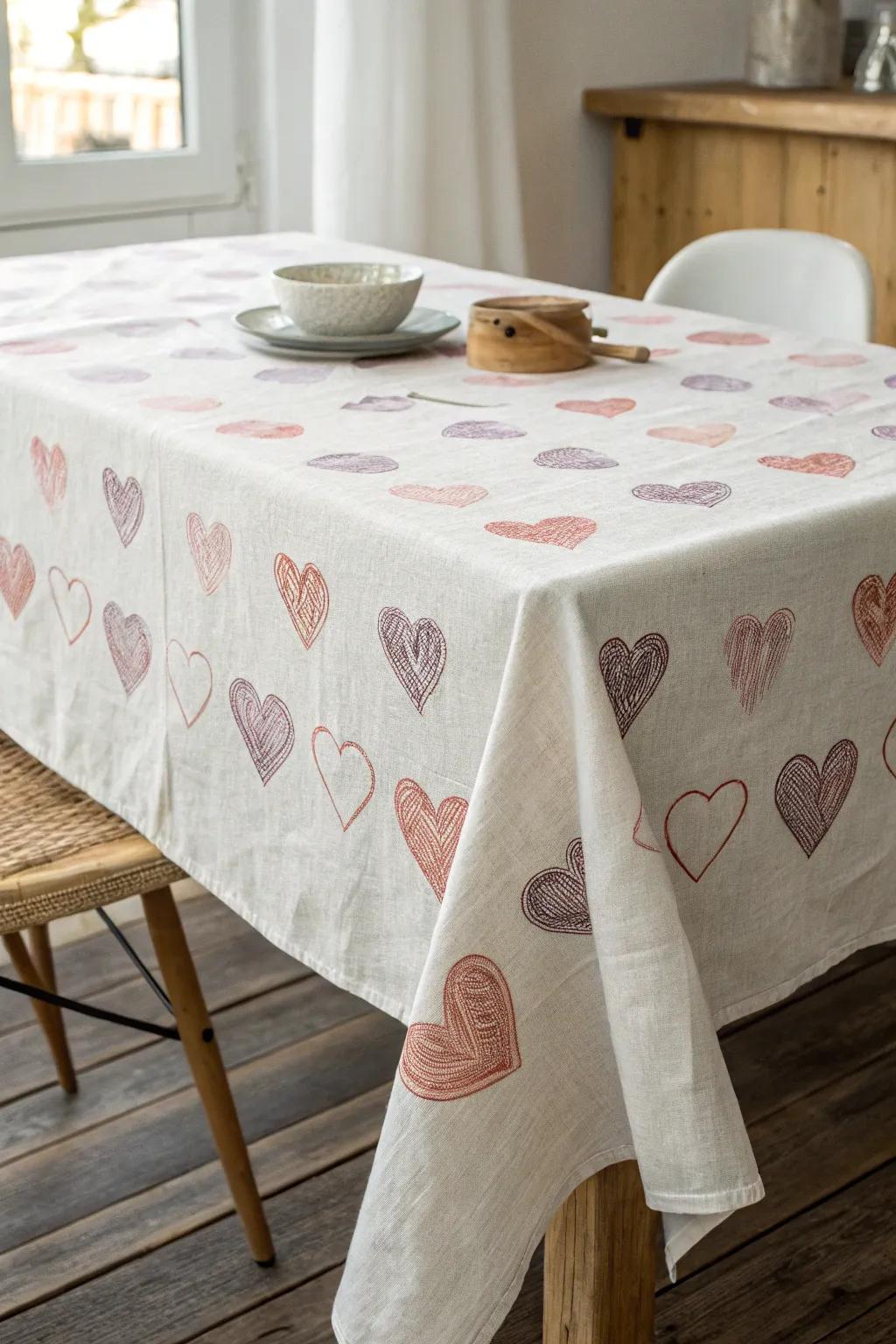 Infuse a touch of affection and ingenuity into your Valentine's meal with an artisan-stamped heart tablecloth.