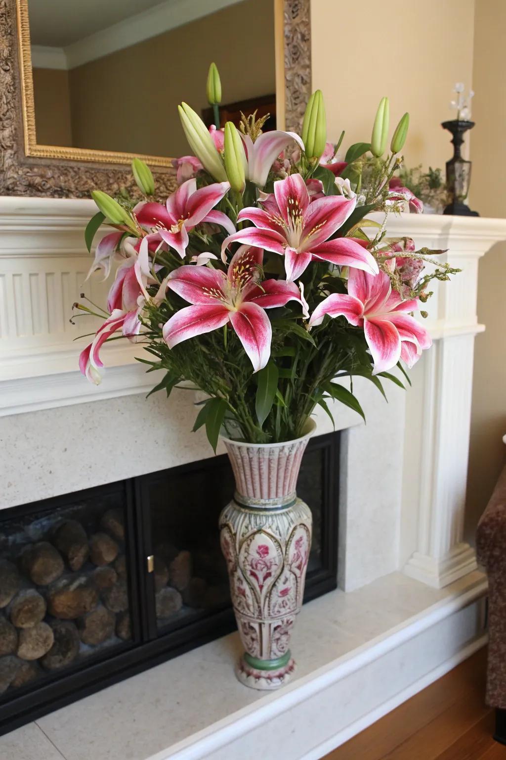 Dramatic stargazer lily arrangement crafting a focal point.