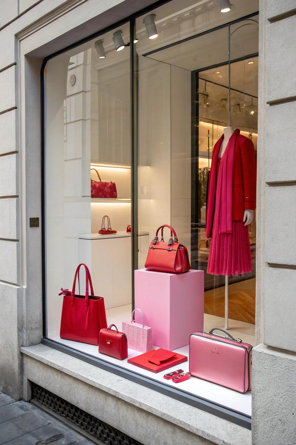 A minimalist display focusing on red and pink, radiating a stylish Valentine's Day atmosphere.