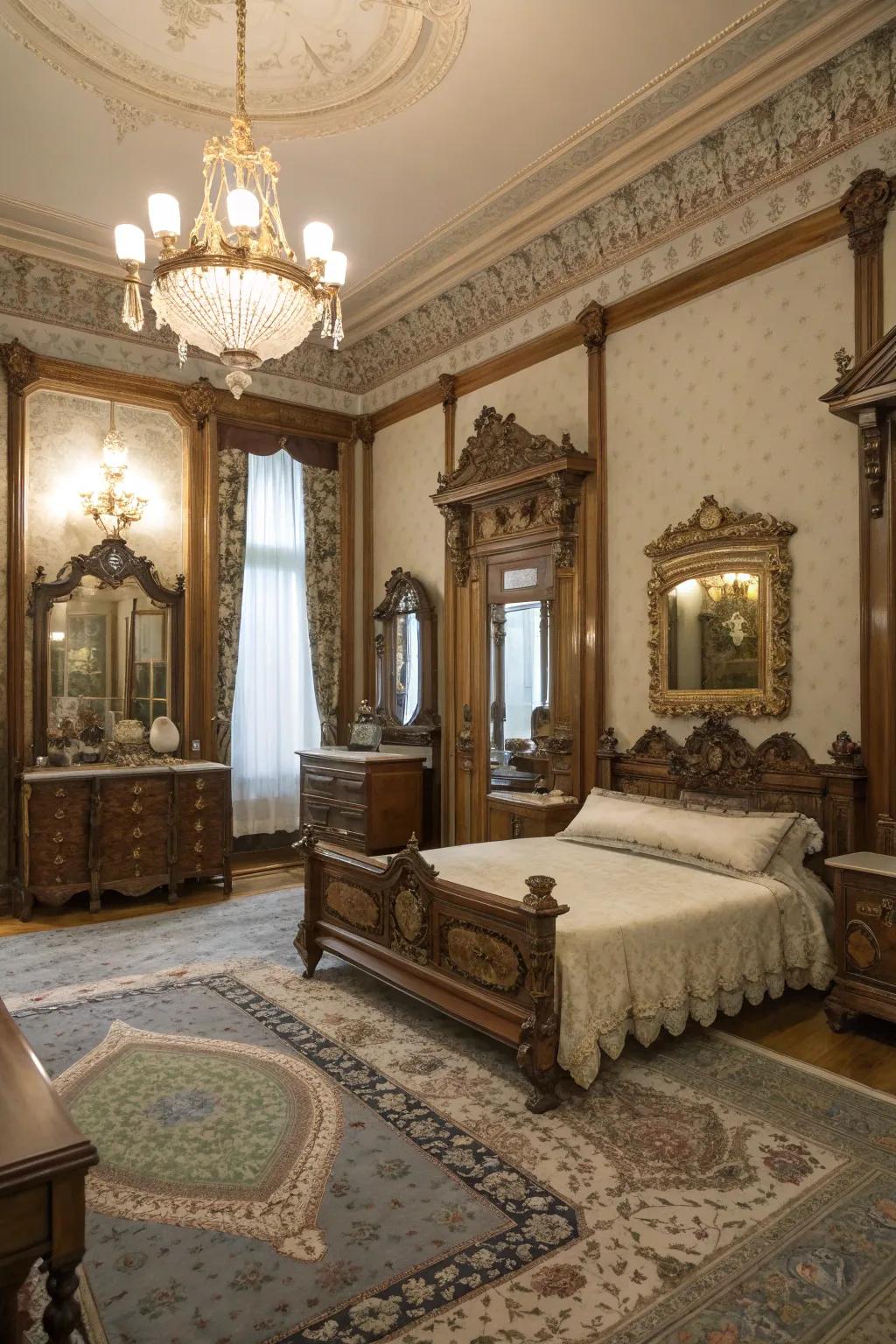 Ornamented vintage mirrors introduce glamour and reflect light beautifully.