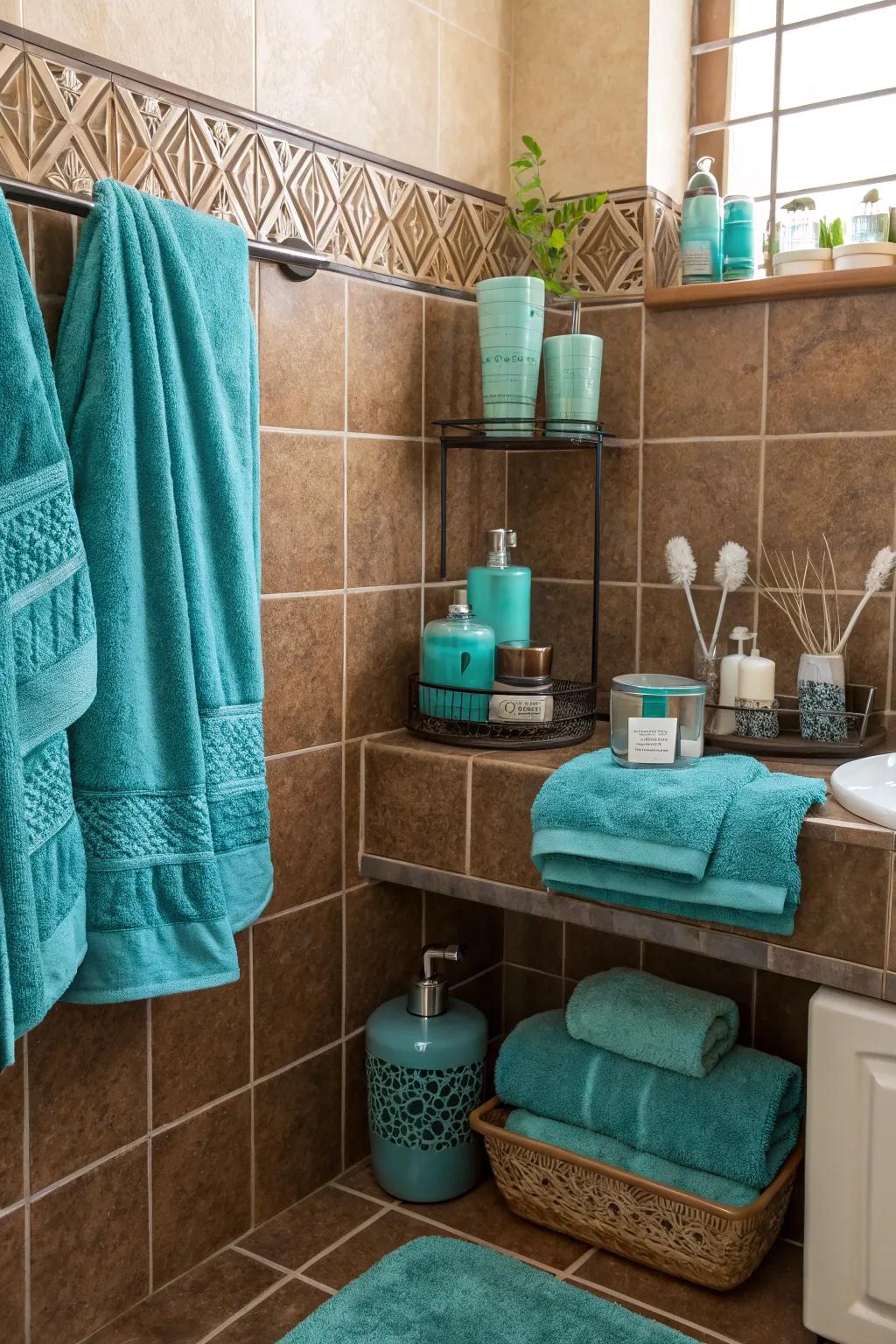 Embellishing shades like teal inject vibrancy into vintage brown tiles.