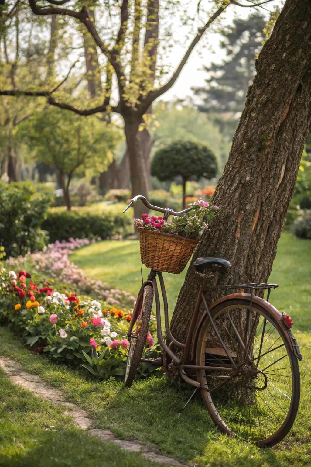 Bicycles inject a playful allure into garden aesthetics.