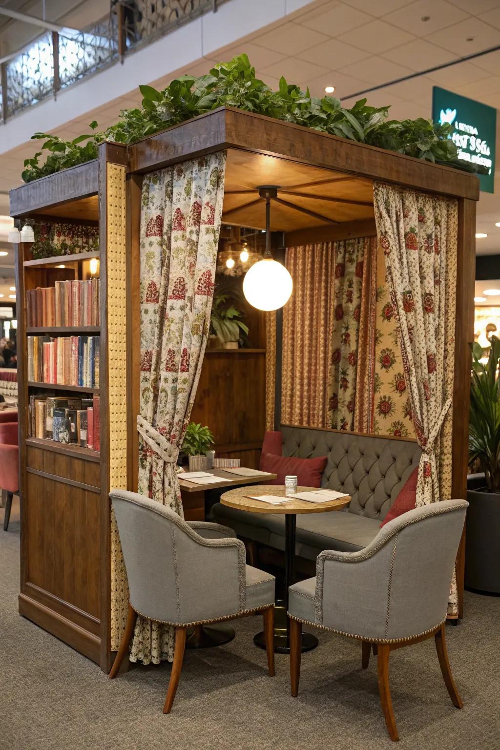A seating spot entices booth onlookers to unwind and remain longer.