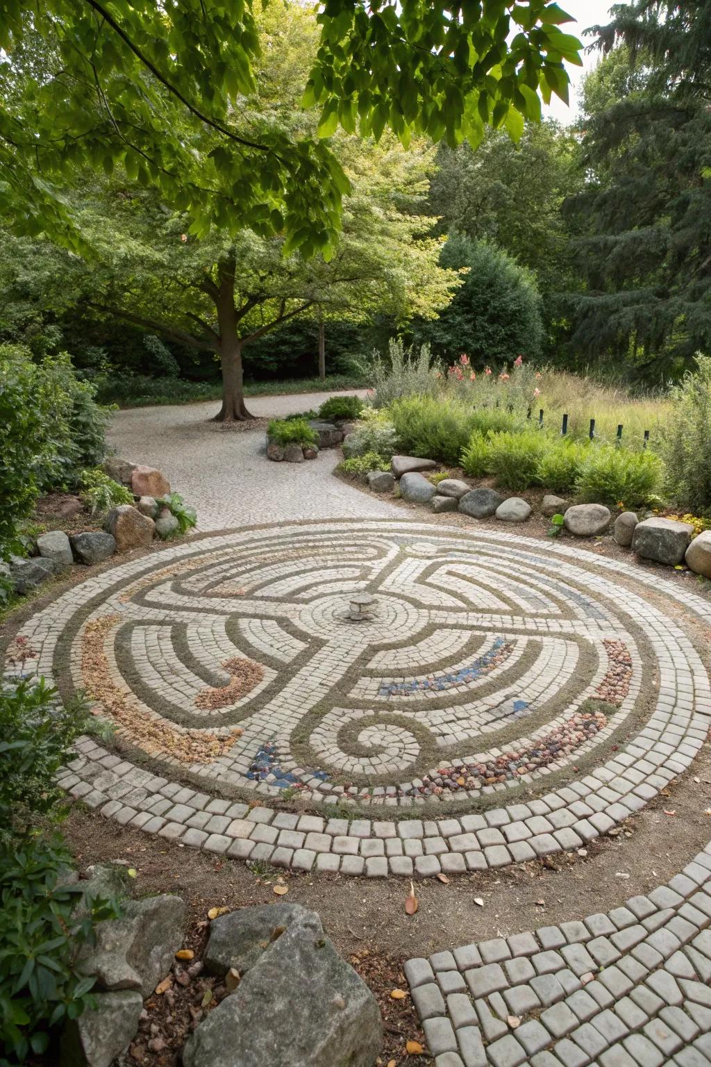 A pebble mosaic labyrinth transforms paths into elaborate artistic expressions.