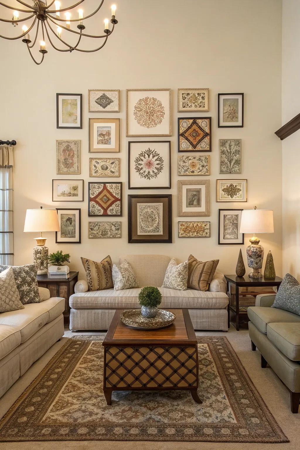 Balanced wall art layouts in a living space.