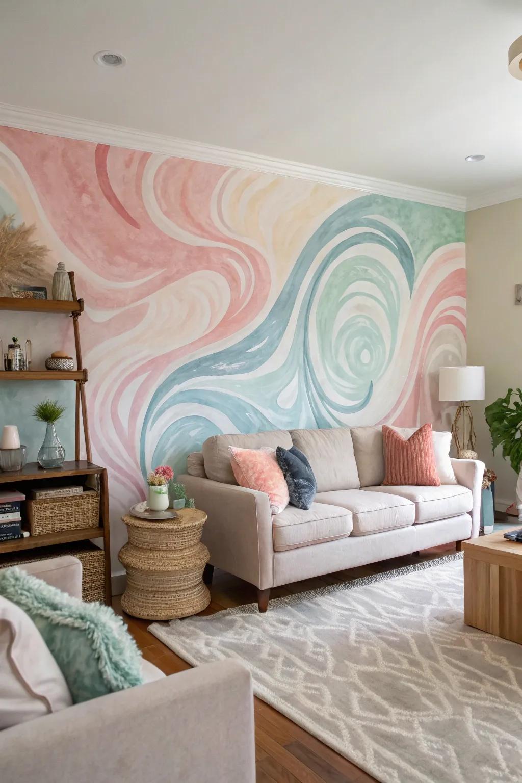 Establish a serene atmosphere by using a quixotic water tones mural.