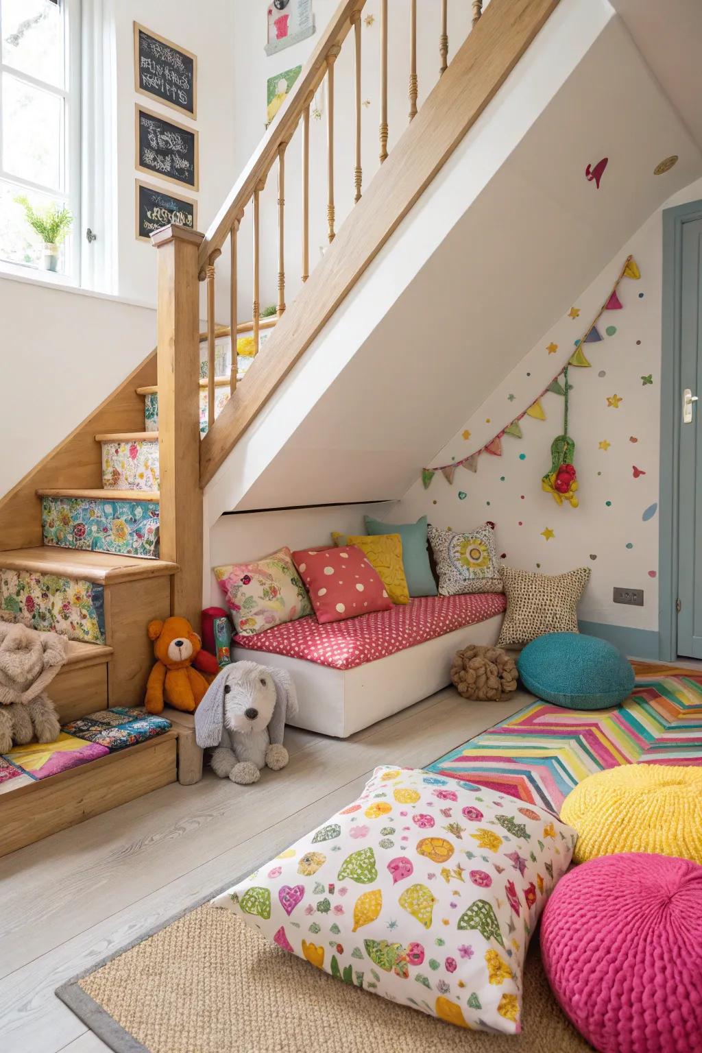 A kid's play zone beneath the stairs effectively utilizes space.
