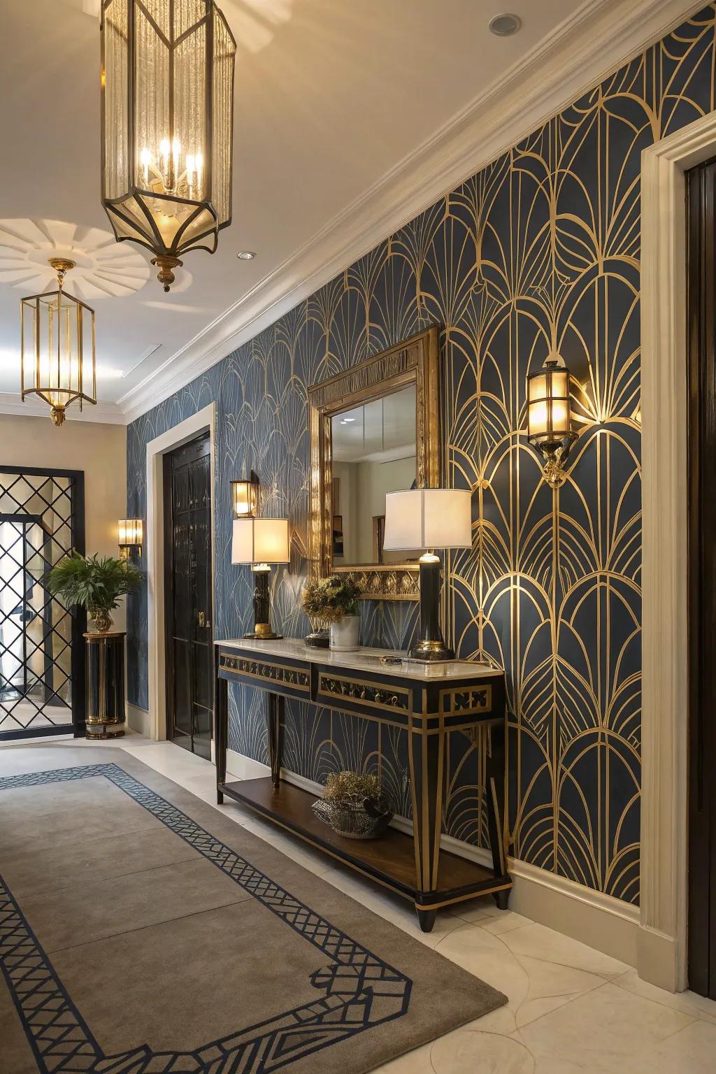 Art Deco wallpaper adds a glamorous touch to entryways.