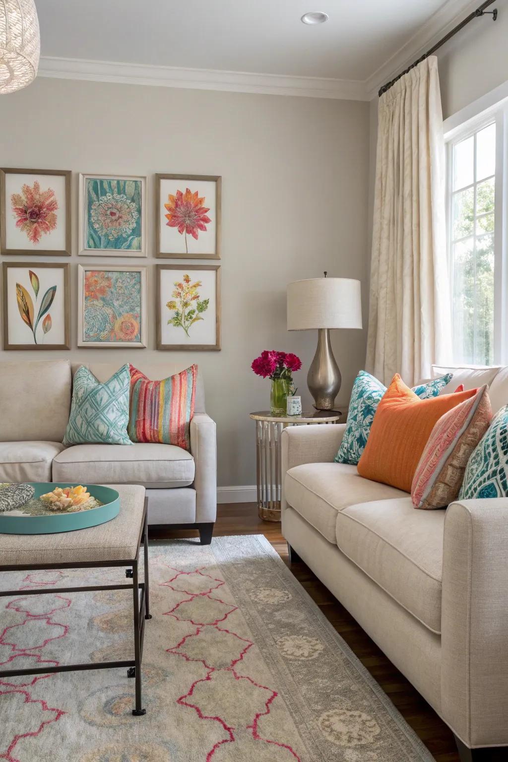 Small color accents add character to a neutral family room.